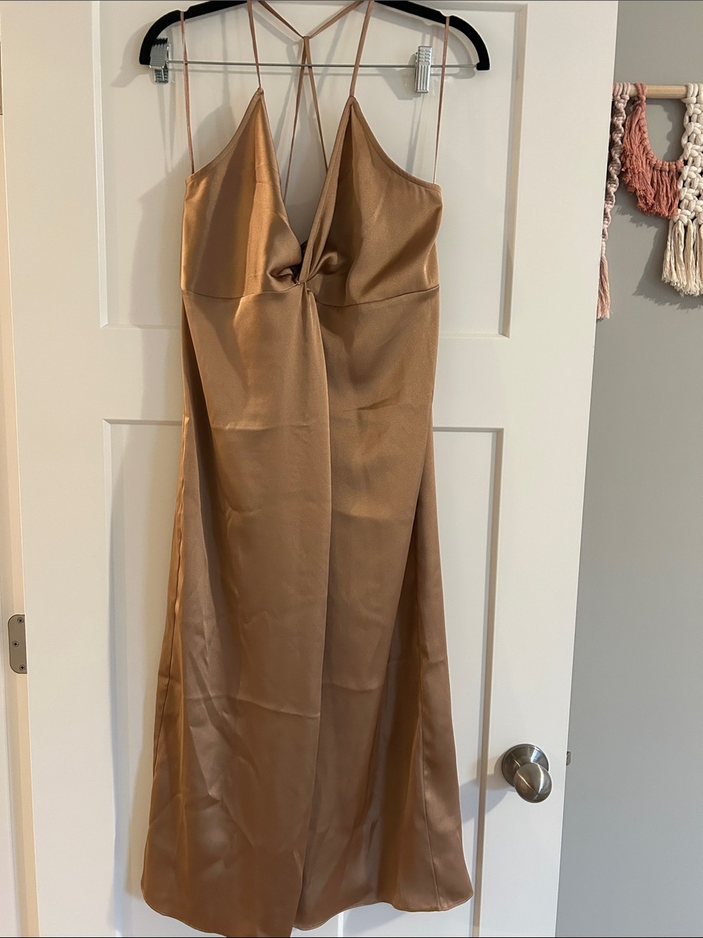 Express Strapless Satin Slip Dress in Camel